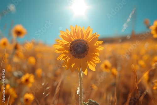 Vibrant Sunflower Basking in Golden Sunlight with Blue Sky