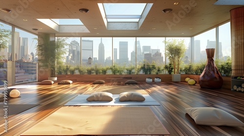 Modern urban rooftop yoga studio with bamboo flooring, skylights, and panoramic city views. photo