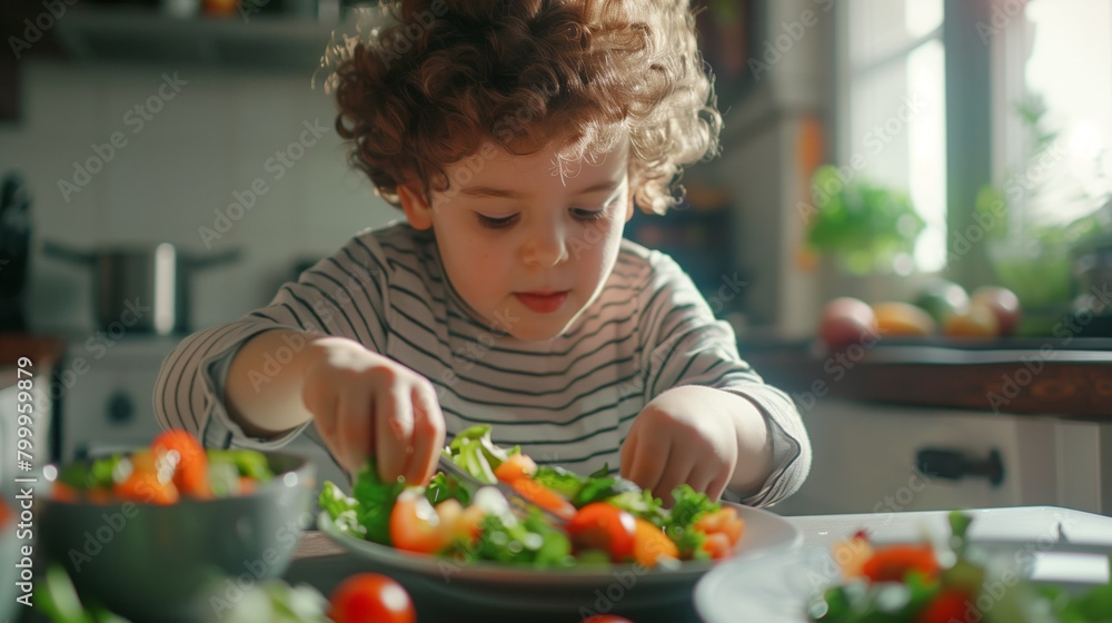 Curly-haired young child engaging with colorful vegetables in a sunny kitchen setting.
