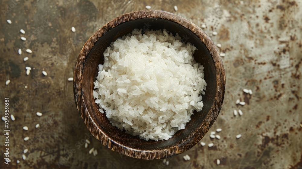 Rice in a wooden bowl on rustic background. Top view Rice in a wooden bowl on rustic background. Top view