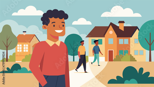 A man walking through his neighborhood smiling and nodding at his neighbors grateful for their presence in his life..