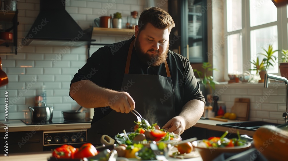 A fat chef preparing a colorful vegetable stir fry in a modern kitchen, focused on cooking. A fat chef preparing a colorful vegetable stir fry in a modern kitchen, focused on cooking.