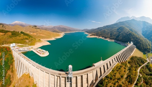 Mountain Oasis: Aerial View of a Modern Dam and Reservoir Lake"