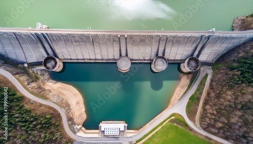 Mountain Oasis: Aerial View of a Modern Dam and Reservoir Lake"