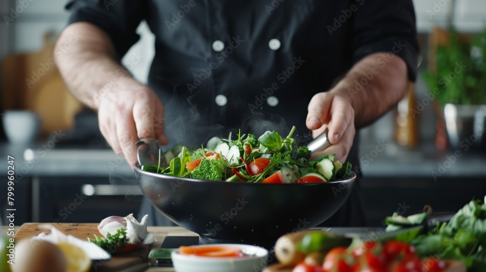 A chef in a black apron stirs a healthy vegetable stir-fry in a pan, surrounded by fresh ingredients.