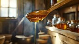 Honey dripping from a wooden spoon into a bowl