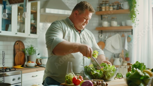 A fat man preparing a fresh vegetable salad in a sunlit kitchen, squeezing lemon juice.