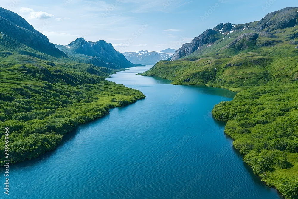 Serene Aerial View of Lush Green Valley and Tranquil Blue Lake
