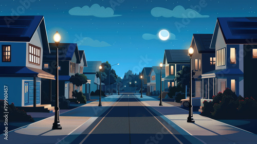 Street in suburb district with residential house at night
 photo