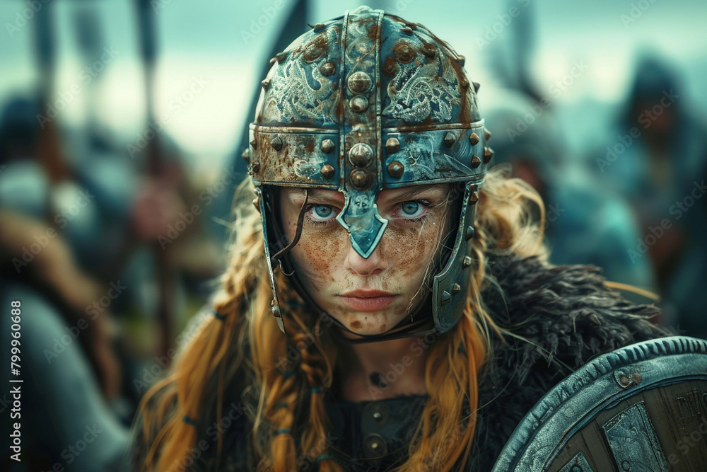 Portrait of an Attractive Viking Warrior Woman with Helmet in Battle