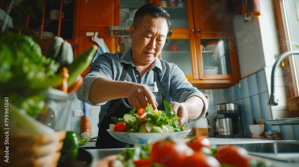 Middle-aged Asian man enjoying preparing a fresh salad in a home kitchen. Middle-aged Asian man enjoying preparing a fresh salad in a home kitchen.