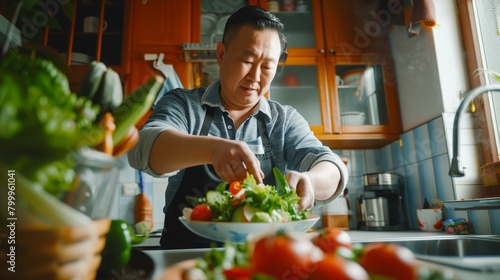Middle-aged Asian man enjoying preparing a fresh salad in a home kitchen.
