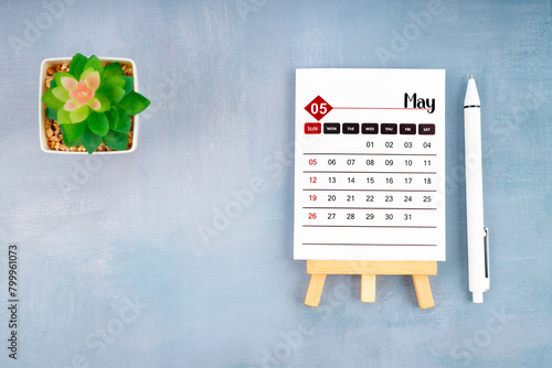 2024 May calendar page and pen with plant pot on wooden background. © gamjai