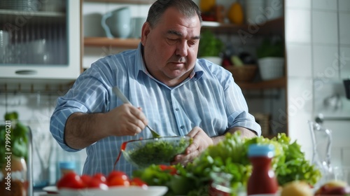 A focused fat man in a blue shirt stirs a salad in his kitchen filled with fresh vegetables. photo