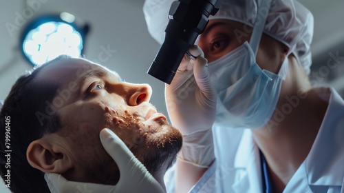 A dermatologist examines the skin of a male patient's face using a dermatoscope in a clinical setting. photo