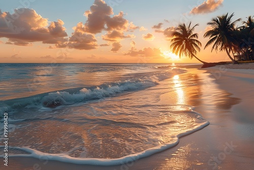 Tranquil Sunset at Tropical Beach with Palm Trees photo