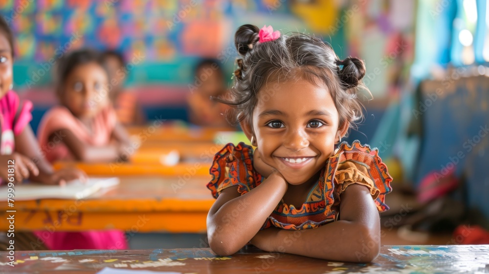 Happy young girl with a bright smile sitting at a colorful classroom desk, with peers in background. Happy young girl with a bright smile sitting at a colorful classroom desk, with peers in background.