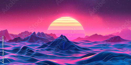 Landscape with mountains, Trendy neon synth 