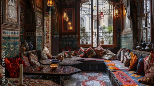 Traditional Moroccan tea room with low seating, colorful cushions, and ornate tea sets.