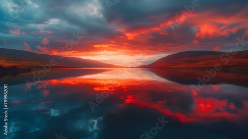 A serene lake reflecting the vibrant colors of a sunset, the water calm and the surrounding area peaceful. © acharof