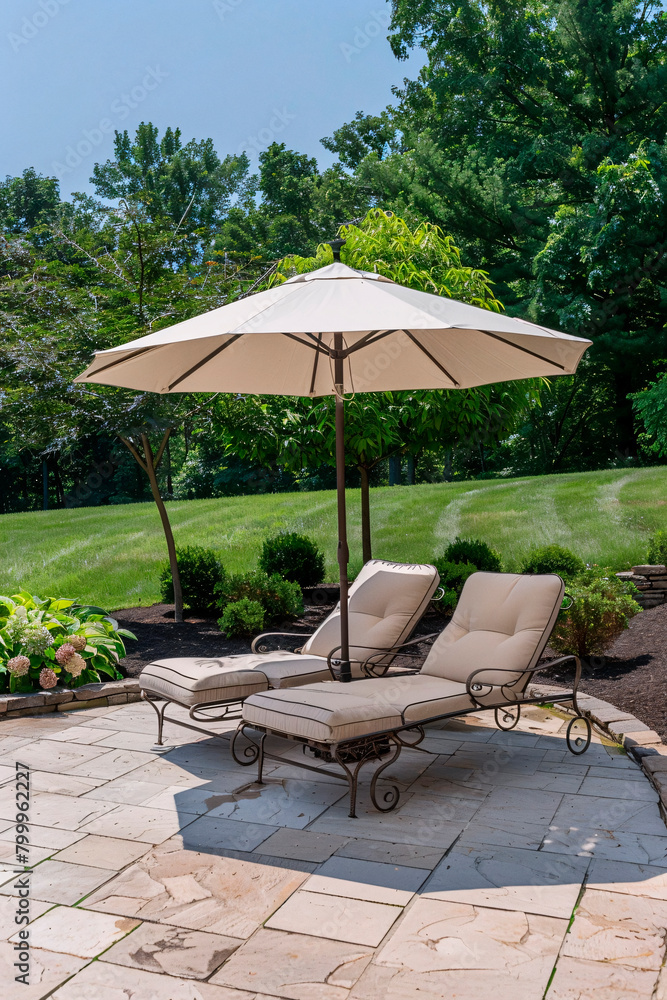 A sun-drenched backyard showcases loungers under an umbrella, capturing the essence of decoration and interior photography with a deco perspective