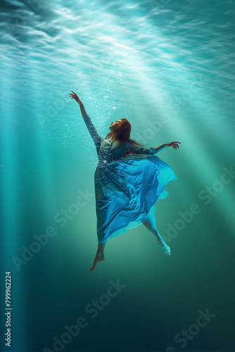 Wallpaper Mural Elegant young girl in tender blue dress immersed underwater, reaching upwards towards the shimmering light. Visual metaphor for freedom. Concept of surrealism, beauty, mystery and fantasy, freedom Torontodigital.ca