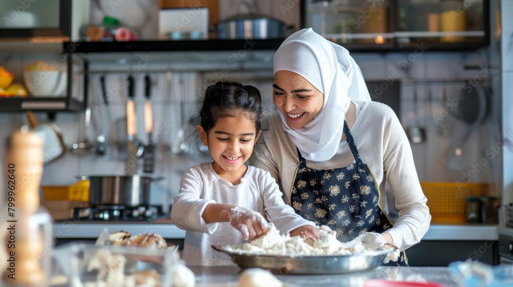 A Muslim woman in a hijab bakes with her young daughter in a modern kitchen.