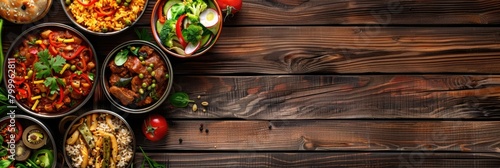 Food Flat. Assorted Healthy Indian Dishes on Wooden Table with Top View