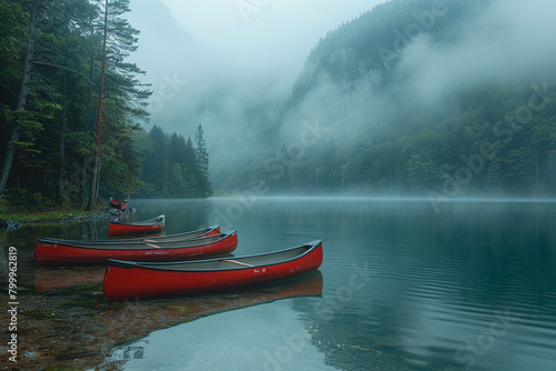 A peaceful lake at dawn, shrouded in mist, with canoes lined up on the shore ready for a day of adventure.