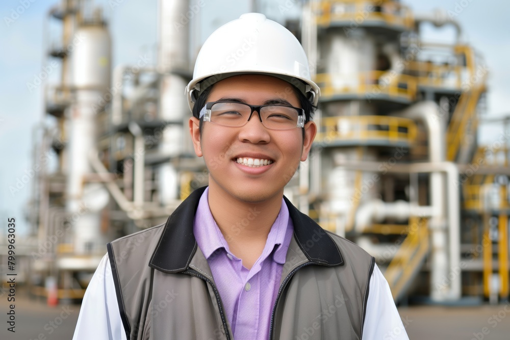 Happy engineer at an industrial plant Happy engineer at an industrial plant