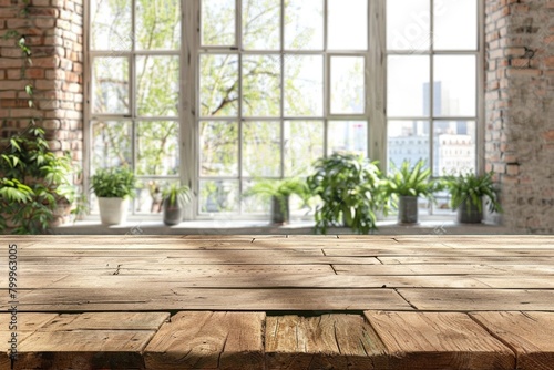 Window Background. Empty wooden table in apartment with blurred window room interior decoration  product montage display