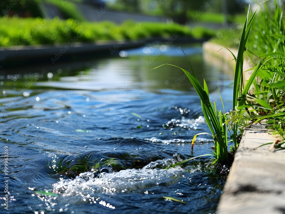 Fototapeta premium A river undergoing ecological water treatment, depicted with clear flowing water and surrounded by a healthy natural environment.