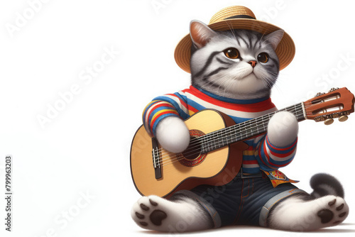 A cat playing the guitar. Space for text. © Andbiz