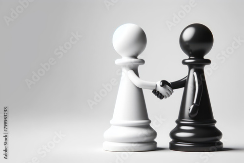 Black and white chess pawns shaking hands. Space for text. photo