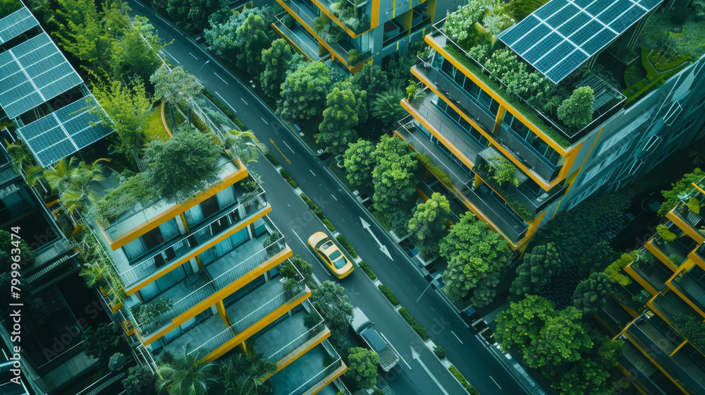 An aerial view of a sustainable urban environment featuring green rooftops, solar panels, and lush vegetation alongside modern architecture. Eco-Friendly Urban Landscape with Green Buildings


