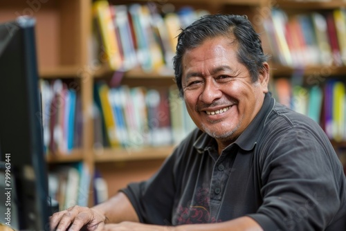 Learning People. Authentic Baby Boomer Hispanic Man Using Computer in Library