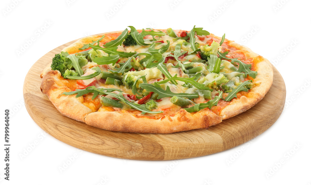 Board with delicious vegetarian pizza isolated on white Board with delicious vegetarian pizza isolated on white
