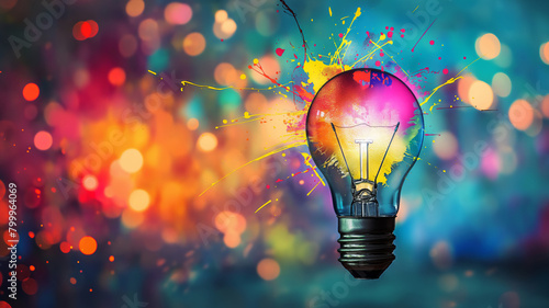 A vibrant lightbulb splashed with colorful paint against a bokeh light background, representing creativity and inspiration.