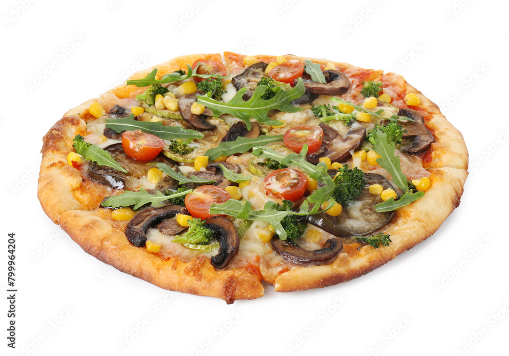 Delicious vegetarian pizza with mushrooms, vegetables and arugula isolated on white