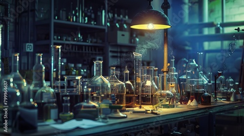 Vibrant chemical laboratory scene: beakers, test tubes, and lab equipment in modern science setting - laboratory concept for research and experimentation