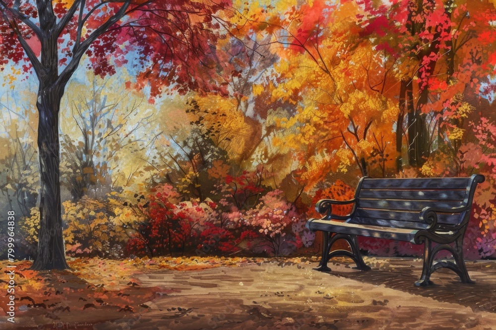 Inviting Park Bench Amidst Fall Foliage