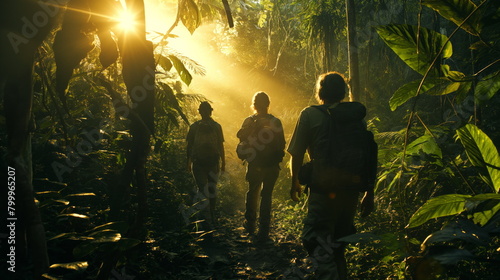 Experts prepare to embark on an expedition deep into the heart of the jungle in search of adventure. Captivating atmosphere of suspense and anticipation photo