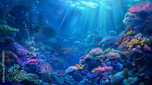 beautiful sea ocean landscape background with coral reefs  anemones  turtles  clown fish  nemo. Deep blue sea with big whale