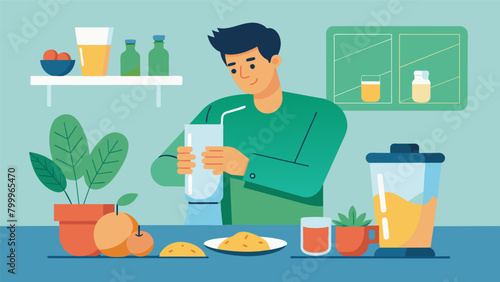 A man sitting at a kitchen table blending a mix of herbs into a nutritious and energizing smoothie with illustrations of the ingredients and their.