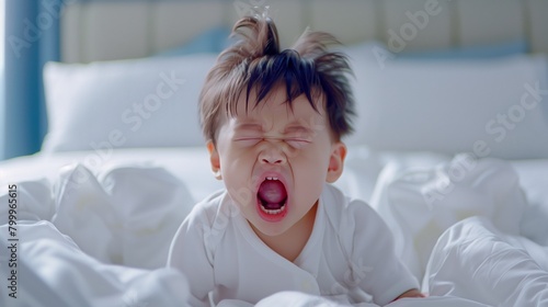 Young Asian child yawning widely while sitting on a bright bed. photo