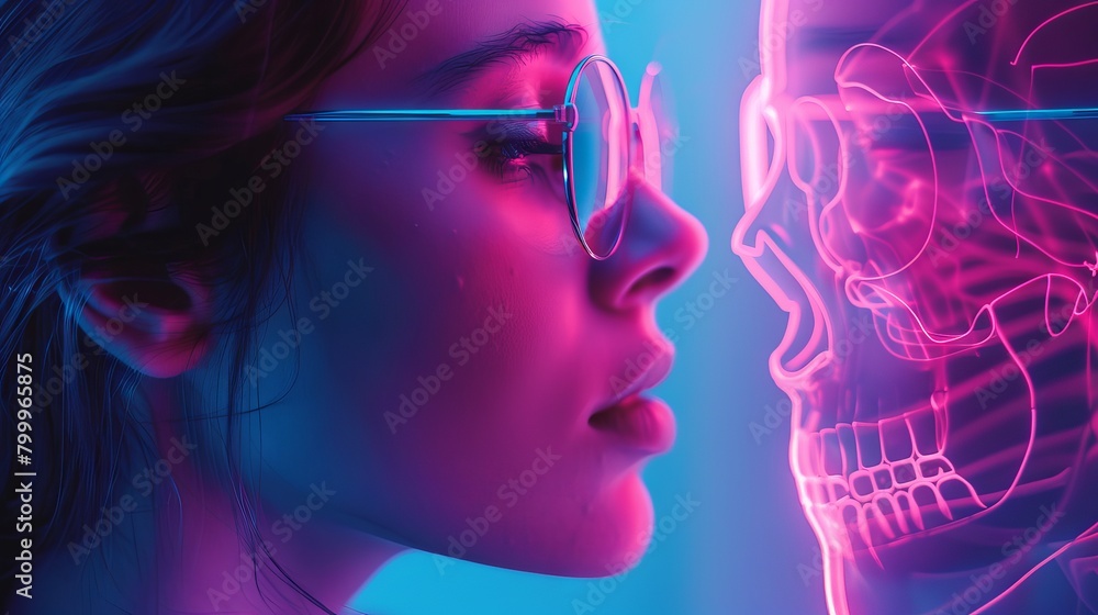 Close-up portrait: beautiful woman in glasses revealing anatomical x-ray skeleton details, illuminated by vibrant led neon lights in pink and blue - side profile shot Close-up portrait: beautiful woman in glasses revealing anatomical x-ray skeleton details, illuminated by vibrant led neon lights in pink and blue - side profile shot