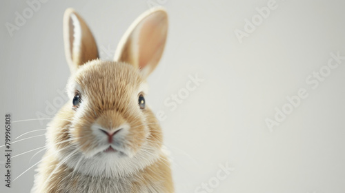 A close-up view of a rabbits face with a pure white background, showcasing its whiskers, nose, and expressive eyes © sommersby