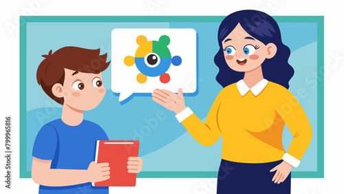 A student with autism pointing at an image of a persons eyes as their teacher explains the importance of eye contact in nonverbal communication.. Vector illustration