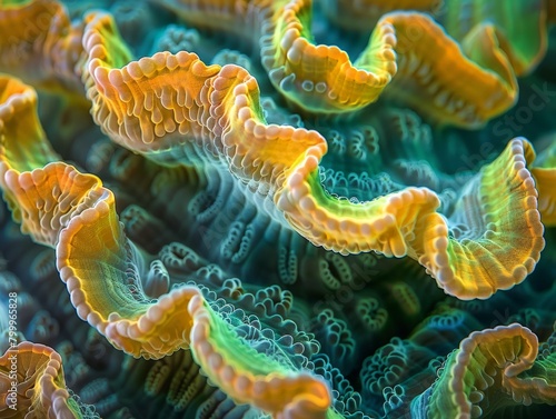 High-magnification view of a coral reef, intricate textures and structures, macro photography © bvb215