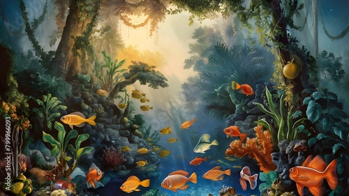 Painting of a Jungle Scene With Fish and Plants.